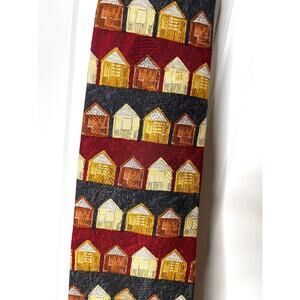 Ermenegildo Zegna VINTAGE 1990s Silk Neck Tie Burgundy Browns Houses Homes